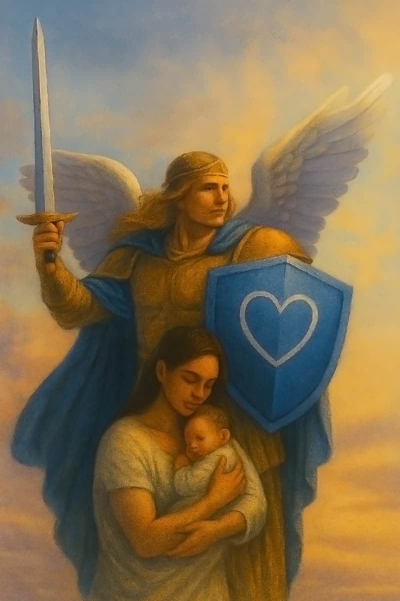 angel guarding woman and baby